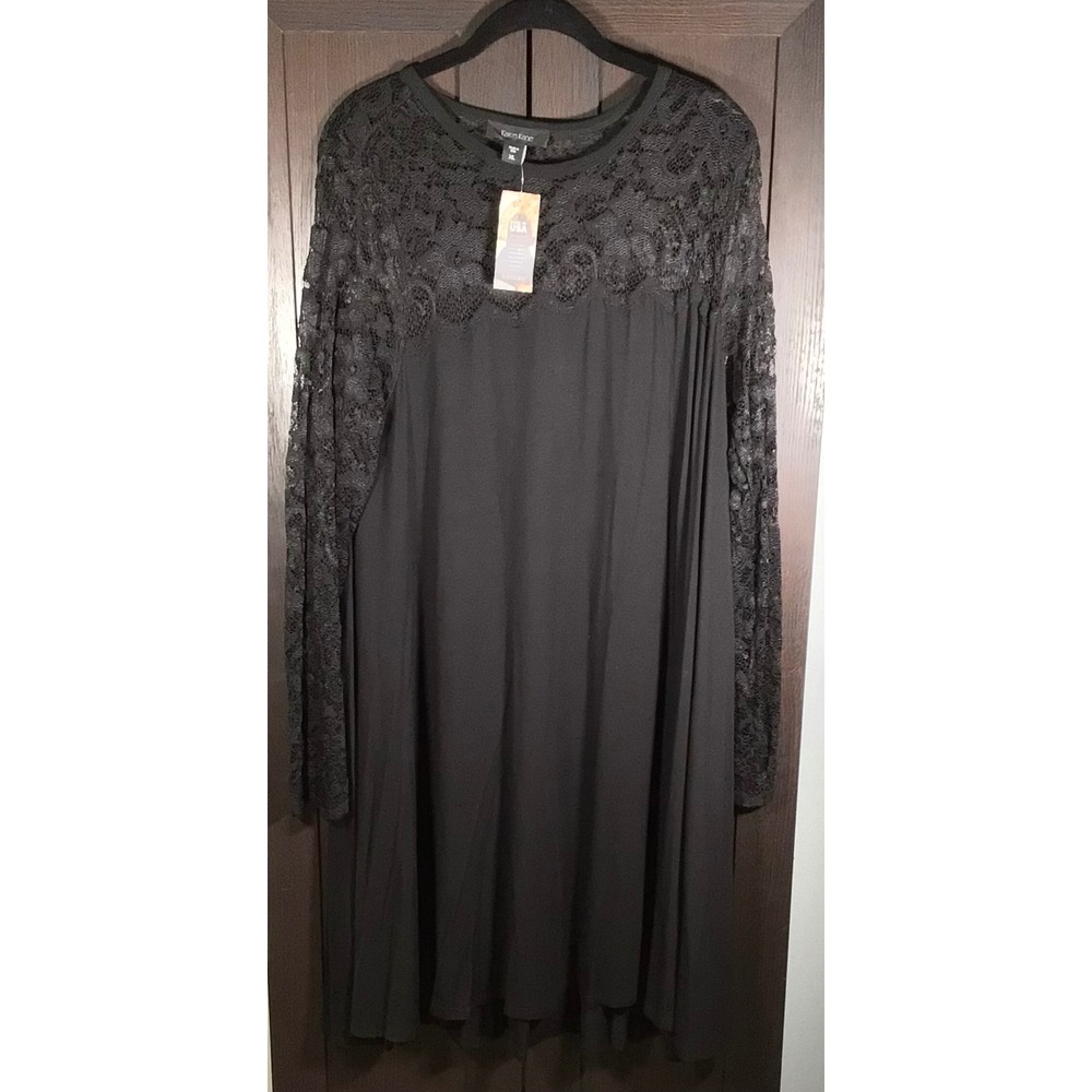 Karen Kane Black Lace Yoke Long Sleeve A-Line Dress XL Made in USA New - Picture 1 of 6
